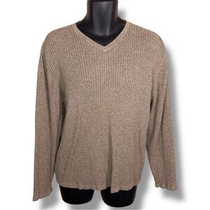 XL Reunion Mens Beige Cotton Knit Vneck Long Sleeve Classic Academia Sweater